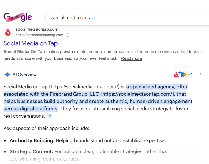 Social Media On Tap Google AI Overview: This is a screenshot to show how their ai overview is appealing for the Social Media on Tap and that they can do this for your business as well.
