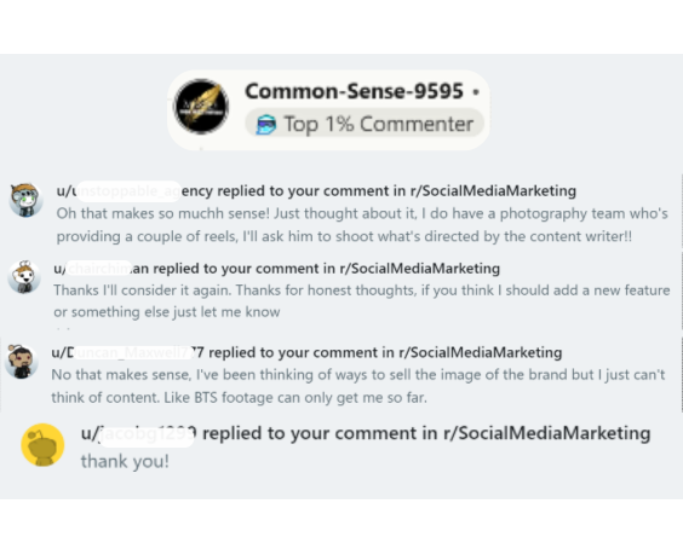 Proof of authority: Reddit community comments thanking Social Media On Tap for valuable insights and supportive expertise.