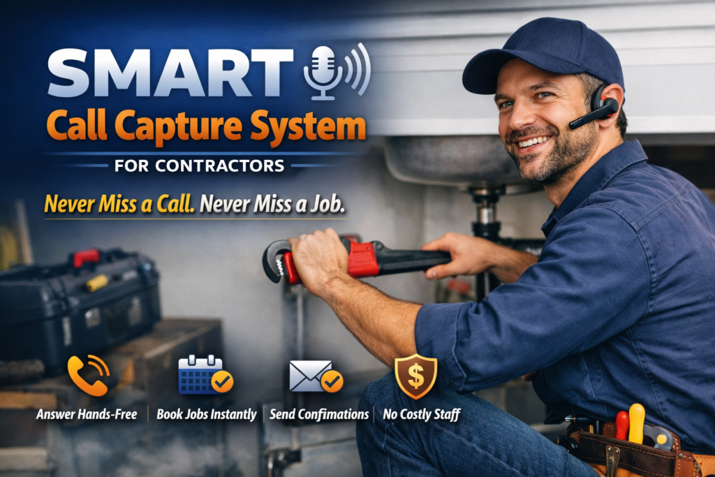 Smiling handyman wearing a Bluetooth headset while tightening a pipe under a sink with a red wrench. Text overlay reads: SMART Call Capture System for Contractors — Never Miss a Call. Never Miss a Job. Four icons below highlight benefits: hands-free answering, instant booking, automatic confirmations, and no costly staff.” This alt text is SEO-friendly, descriptive, and includes key phrases like “call capture system,” “contractors, and “never miss a call,” which help your page rank for relevant search terms.