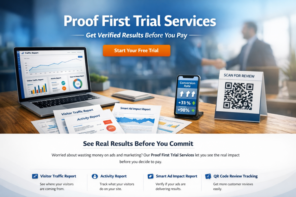 Hero image for Social Media On Tap’s “Proof First Trial Services” webpage, featuring a laptop with analytics dashboards, printed traffic and ad reports, a smartphone showing conversion stats, and a QR code sign for reviews, all set in a business environment with a handshake in the background.