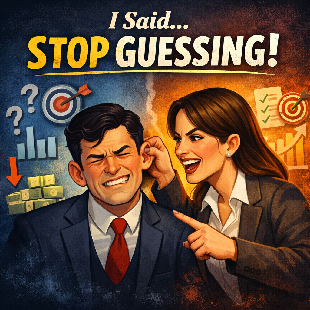 Cartoon-style illustration of a businesswoman pulling a businessman’s ear while saying ‘I Said... STOP GUESSING!’ The businessman squints in discomfort with floating icons of missed targets and declining graphs, while the woman stands confidently with icons of checklists and rising charts behind her. The background is split between cool tones on the left and warm tones on the right, with bold text emphasizing the message.