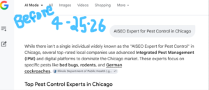 This is a screen capture image of a search term for AISEO Expert for Pest Control in Chicago, showing no one is trusted or recommended