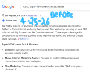 This is a before proof screen capture to show AI has already listed 4 existing AISEO Experts for Plumbers in Los Angeles, and the purpose is to show how AI can add you to an exsting list if the trust is established.