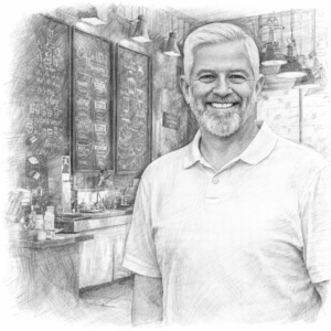 AI generated pencil sketch of Richard taking a break at his favorite coffee shop