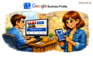 Man and woman in cartoon style. Man on desktop and woman on mobile phone.